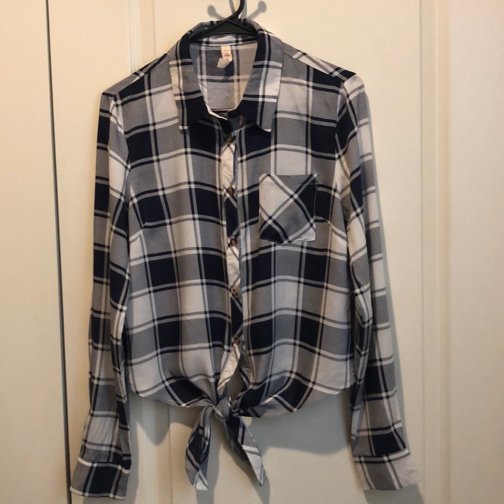 I♥️IT ladies navy/white plaid lightweight button up tie waist blouse size S